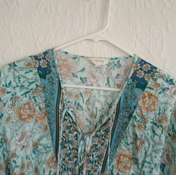 To My Lovers Teal Boho Western Blouse Turquoise Paisley Flowy Hippie Lace Up SM - Picture 2 of 8